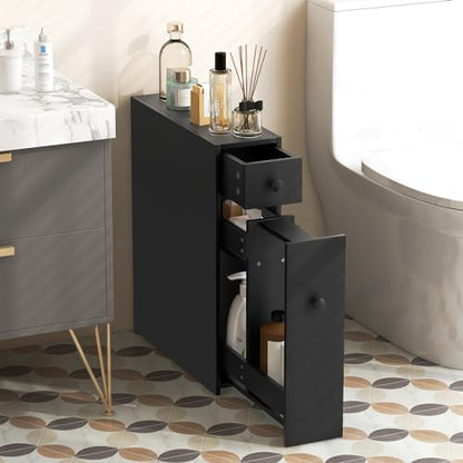 Tangkula Slim Bathroom Cabinet, Free-Standing Storage Cabinet with Slide Out Drawers, Narrow Floor Home Organizer Next to Toilet, Bathroom Toilet Paper Holder, 19 x 6.5 x 23 Inch (Black) - color: Black