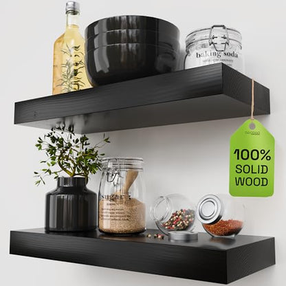 Solid Wood Floating Shelves For Wall 16 inch Black, Bathroom Wooden Shelf | Real Wood, Wall Mounted, Thick, Bedroom Kitchen Living Room, Black Finish, 16W x 6.7D Inch, Set of 2 - color: Black, size: 16 Inch
