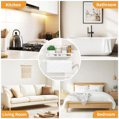White Paper Towel Holder Wall Mount with Shelf - Adhesive Hand Towel Rack | Sturdy Metal Mounted Paper Towel Rack with 2 Hooks, Space-Saving for Bathroom, Kitchen, RV Camper - color: White