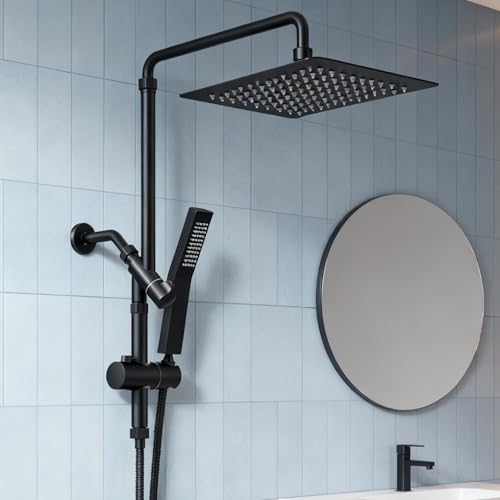 10 Inch Metal Rain Shower Heads with Handheld Spray Combo, Dual Shower Head with Adjustable Slide Bar and Stainless Steel Hose, Height Adjustable, Matte Black - color: Matte Black