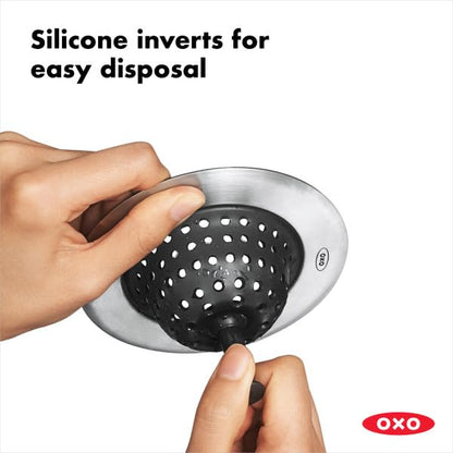 OXO Good Grips Silicone Sink Drain Strainer, Kitchen Sink Stopper | Catches Food Debris, Flexible Silicone Basket, Easy-Lift Handle, Fits Standard Drains, Dishwasher Safe, Kitchen Sink Strainer