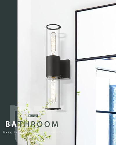 2-Pack Black Bathroom Vanity Light Fixtures, Clear Glass Shades | 2-light modern bathroom wall sconces, vertical or horizontal mount, E26 base, hardwired, bulbs not included, VL834-MB-2PK - color: Black-Clear Glass, 2-Pack