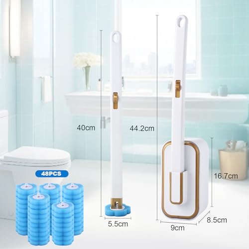 wlich Disposable Toilet Brush Set With 48 Refills, Wall-Mount Holder | Flexible Scrubbing Head, Hygienic Toilet Cleaning, Wall-Mounted Storage for Homes, Apartments, Dorms, Offices, Hotels - color: White+Gold - 48 Refills