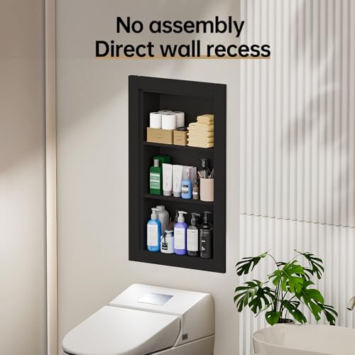 Recessed Medicine Cabinet,14x24 Recessed Wall Niche Medicine Cabinet Replacement, Water-Proof Wood Wall Niche for Bathroom/Hallway, Black - color: Black, size: 14x24