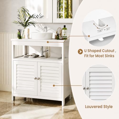 Under Sink Storage Cabinet, U Shape Cutout Wall Mounted Bathroom Vanity Organizer Freestanding Floor Cabinet for Pedestal Sink Waterproof Cabinet for Washroom Householding Cleaning Supplies, White