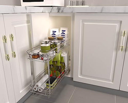 OCG Slide Out Cabinet Organizer for Narrow Cabinet (9" W X 21" D), 2 Tier Pull Out Shelves Slim Sliding Cabinet Organizer and Storage, Chrome - size: 9W21D