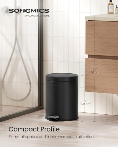 SONGMICS Bathroom Trash Can, 1.6 Gallon (6 L) Small Toilet Garbage Bin with Lid, Soft-Close, Stainless Steel, Pedal, Inner Bucket, Bedroom, Ink Black ULTB016BZ01 - color: Ink Black