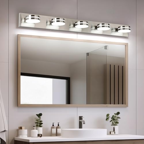 Brushed Nickel Bathroom Light Fixtures Over Mirror, 5-Light Bathroom Vanity Light, LED Dimmable Bath Lights, Modern Dimmable Vanity Lighting with Rotating Lamp Head, 5500K - color: Nickel-Dimmable
