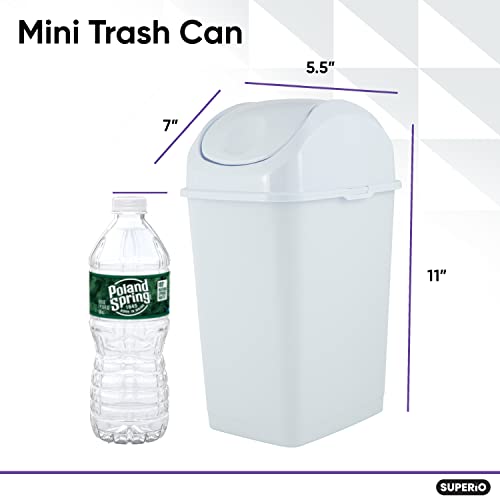 Superio Mini Desktop Trash Can with Swing Top Lid Portable Plastic Garbage Can for Countertop, Desktop, Make up Vanity, Bathroom, Car, Under Sink, Dorm, Compact Waste Bin 5 L 1.25 Gal (2, White) - size: 1.25 Gallon, style: 2 Pack