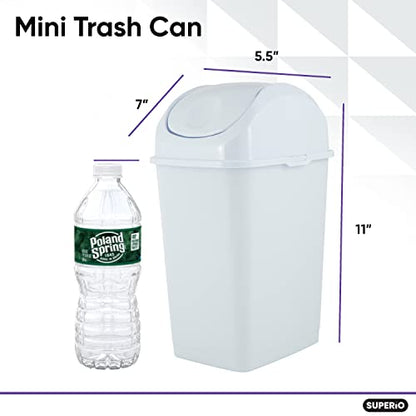 Superio Mini Desktop Trash Can with Swing Top Lid Portable Plastic Garbage Can for Countertop, Desktop, Make up Vanity, Bathroom, Car, Under Sink, Dorm, Compact Waste Bin 5 L 1.25 Gal (2, White) - size: 1.25 Gallon, style: 2 Pack