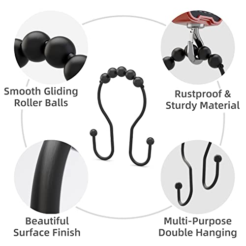 Bathway Shower Curtain Hooks Shower Curtain Rings Black Shower Curtain Hooks RustProof Smooth Metal Double Shower Curtain Hook, Shower Hooks for Shower Curtain Liner Bathroom Shower Rod Hook - color: Black