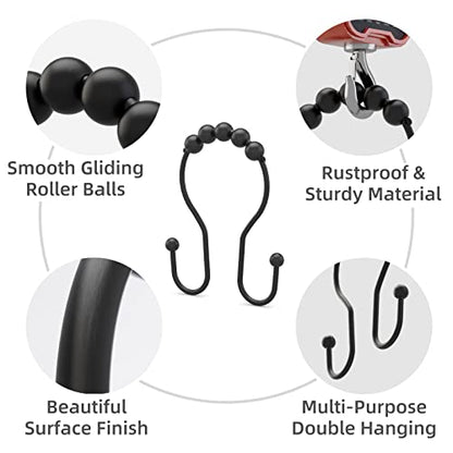 Bathway Shower Curtain Hooks Shower Curtain Rings Black Shower Curtain Hooks RustProof Smooth Metal Double Shower Curtain Hook, Shower Hooks for Shower Curtain Liner Bathroom Shower Rod Hook - color: Black
