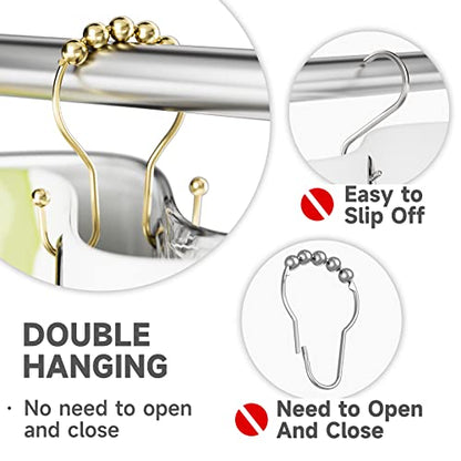 Bathway Gold Shower Curtain Hooks, Shower Curtain Hook Shower Curtain Rings Rust Proof Smooth Double Shower Curtain Hooks, Shower Hooks for Shower Curtain Bathroom Shower Rod Hook 12 Pcs - color: Gold