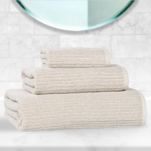 Superior Destin Viscose Cotton Blend Medium Weight Towels, for Bathroom, Shower, Spa, Plush, Quick Dry, Ultra-Soft Towels, Bath Essentials, Ribbed Design, 3 Piece Assorted Towel Set, Beige - color: Beige, size: 3 Piece Towel Set
