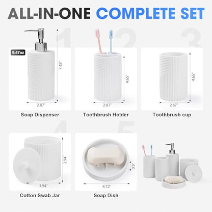 5 Pack Bathroom Accessories Set, White Resin Bathroom Set | Resin Soap Dispenser and Toothbrush Holder Set, Tumbler & Soap Dish, Cotton Swab Jars, Modern Bathroom Decor Sink Sets