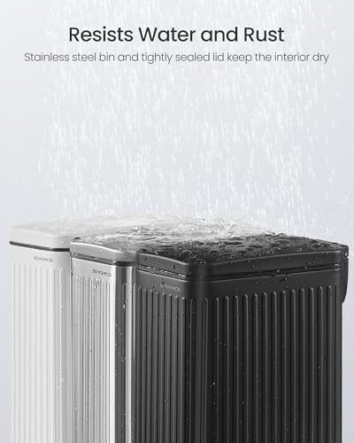 SONGMICS Bathroom Trash Can, 1.6-Gallon (6 L) Trash Bin with Lid, Slim for Small Spaces, Stainless Steel Garbage Can, Soft Close, Black ULTB563B02 - color: Black, style: 1.6 Gal. & fluted design