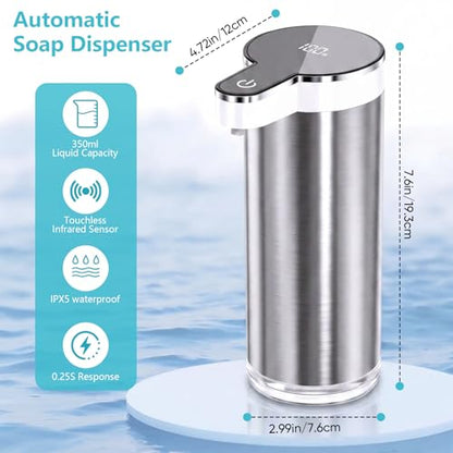 Automatic Soap Dispenser Touchless, 11.8oz/350ml Stainless Steel Hand Soap Dispenser with 4-Level Adjustable Rechargeable Sensor Dispenser Pump,Liquid Soap Dispenser for Kitchen Bathroom