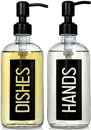 JASAI 2Pack 18OZ Glass Soap Dispenser with Black Hand & Dish Printed Label | Clear Glass Kitchen Soap Dispenser with Rustproof 304 Stainless Steel Pump for Hand Soap & Dish Soap - color: Black With Black Pump