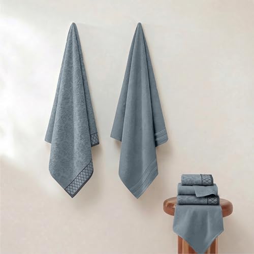Modern Threads 6 Piece Cotton Bath Towel Set – Ultra Soft 550 GSM Towels – Bathroom Set with Hand Towels and Washcloths – Diamond Border (Sage Mist) - color: Sage Mist, style: Diamond Border