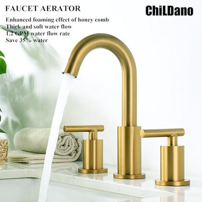Brushed Brass Bathroom Faucet 3 Hole with Pop Up Drain with Over Flow and Supply Hose, Stainless Steel 8 in Widespread Gold Bathroom Sink Faucet, ChiLDano 2 Handle Gold Bathroom Faucet CH2183BBG - color: Brushed Brass