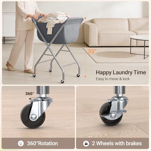ELYKEN Laundry Basket with Wheels, Collapsible Laundry Hamper, Gray | Removable Liner Bag, Foldable Design, 118L Capacity, Sturdy Metal Frame, 4 Casters, Laundry Cart for Bedroom, Laundry Room - color: Gray, size: 25.6"L x 22"W x 33"H
