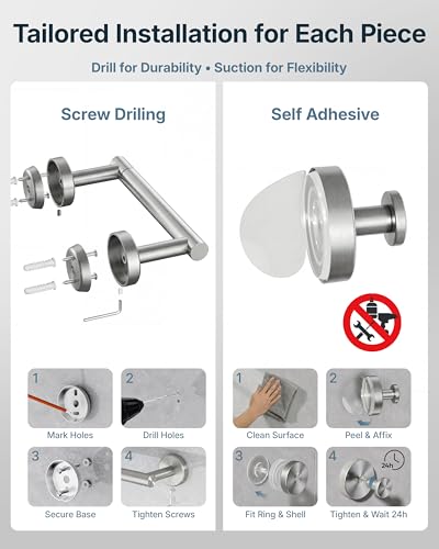 RARXTR 3PCS Bathroom Hardware Set, Brushed Nickel Wall Mounted Toilet Paper Holder, 2 Suction Cup Towel Hooks, Bathroom Accessories SUS 304 Stainless Steel, Rust-Proof, Modern - color: Brushed Nickel