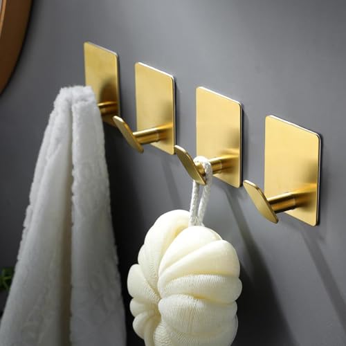 Gold Adhesive Wall Hooks 15LB Max Heavy Duty Sticky Hook Rustproof | 2" Stainless Hanger for Hanging Coat Towel Robe Hat for Bathroom Kitchen Shower RV Glass Wall, No Drilling Brushed Gold 4Pack - color: Sq- Brushed Gold