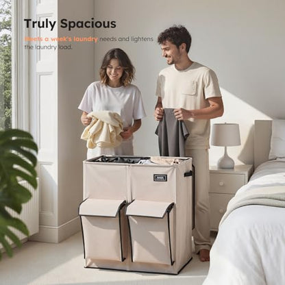 SOLEDI 180L Double Laundry Hamper with Lid and 2 Side Pockets, Dual Hamper | 2 Section Laundry Basket, Removable & Washable Laundry Bags, 180L Large Capacity, for Bedroom, Bathroom, Laundry Room, Dorm - color: Light taupe