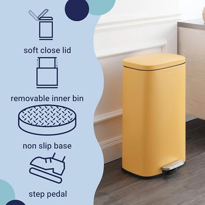 happimess Curtis 8 Gal Step Trash Can Soft Close 25", Daffodil Yellow | Iron Construction, Satin Finish, Removable Liner, Steel Pedal, 20 Trash Bags Included, Kitchen Office Bin - color: Daffodil Yellow