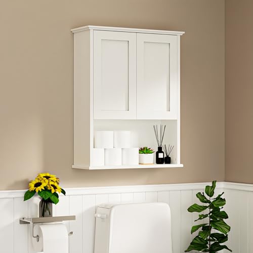 Batheoom Wall Cabinet, Bathroom Storage Cabinet Over Toilet, Medicine Cabinet with 2 Door and Adjustable Shelves, Wall Mount Bathroom Cabinet for Bathroom, Kitchen(White)