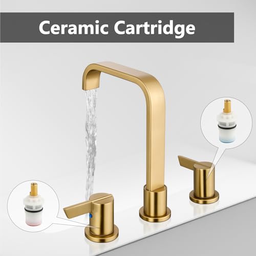 Brushed Gold Bathroom Faucet 3 Hole 8 Inch Widespread Waterfall | 2-Handle Vanity Faucet, Pop-Up Drain, Supply Lines, Adjustable 4- to 16-Inch Widespread Fit, 360° Swivel Spout - color: Brushed Gold