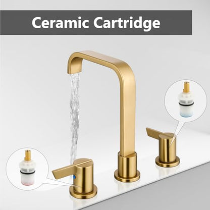 Brushed Gold Bathroom Faucet 3 Hole 8 Inch Widespread Waterfall | 2-Handle Vanity Faucet, Pop-Up Drain, Supply Lines, Adjustable 4- to 16-Inch Widespread Fit, 360° Swivel Spout - color: Brushed Gold