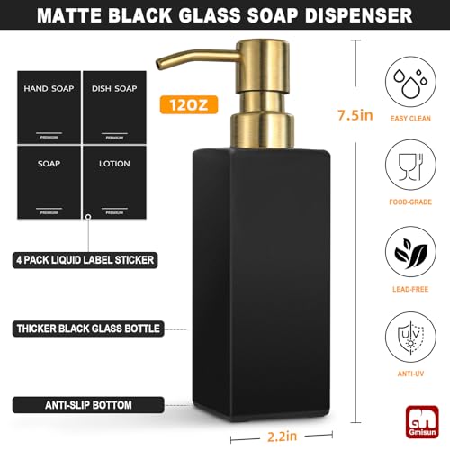 GMISUN Gold Soap Dispenser, Black Soap Dispenser Bathroom with Stainless Steel Pump, Hand and Dish Soap Dispensers Set for Kitchen, 12 fl oz/350ml Glass Liquid Refillable Lotion Dispenser Bottle - color: Black Bottle + Gold Pump
