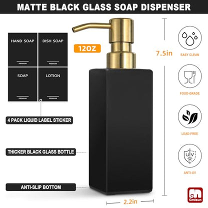 GMISUN Gold Soap Dispenser, Black Soap Dispenser Bathroom with Stainless Steel Pump, Hand and Dish Soap Dispensers Set for Kitchen, 12 fl oz/350ml Glass Liquid Refillable Lotion Dispenser Bottle - color: Black Bottle + Gold Pump