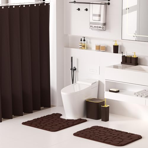 XLHOMO Bathroom Accessories Set - 25PC Brown Bathroom Sets with Shower Curtain and Rugs, Bathroom Accessory Set, Brown Shower Curtain Set, Trash Can, Qtip Holder Dispenser & Soap Dispenser - size: Bath Set+Shower Curtain+Rugs, style: Brown&Gold