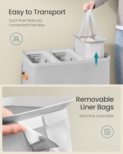 SONGMICS Laundry Basket, 50.2 Gal. Laundry Hamper, 3 Compartments, Easy Assembly, with Lid and Handles, Removable Liners, 25.2 x 15.7 x 29.5 Inches, Dove Gray ULCB814GD01 - color: Dove Gray, size: 190 L (3-Section)