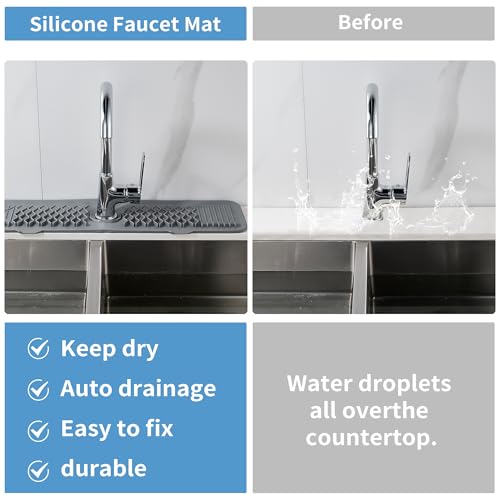 24inch Silicone Splash Guard Kitchen Sink Gray Dish Drying Mats Non-Slip | Sponge Holder Bathroom Countertop Protect Kitchen Sink Splatter Screen Faucet Air Drying Mat Drip Catcher Tray - color: Gray