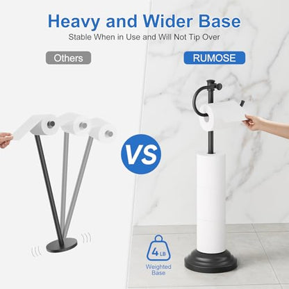 RUMOSE Toilet Paper Holder Stand for Floor, Matte Black Bathroom Free Standing Toilet Tissue Roll Holder with Storage, Adjustable 17-25 Inch, SUS304 Stainless Steel - color: Matte Black