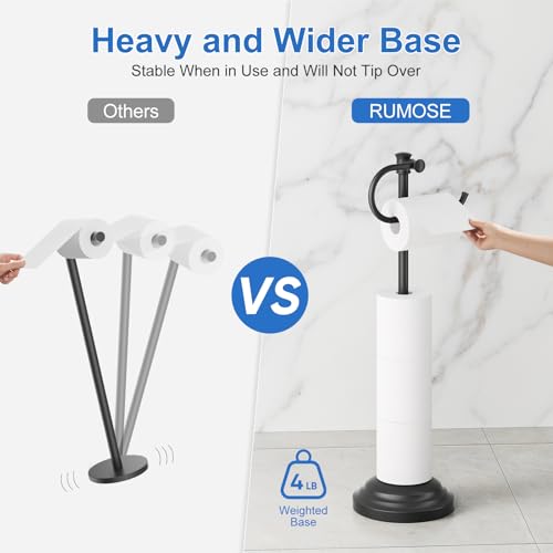 RUMOSE Toilet Paper Holder Stand for Floor, Matte Black | Bathroom Free Standing Toilet Tissue Roll Holder with Storage, Adjustable 17-25 Inch, Rustproof, SUS304 Stainless Steel - color: Matte Black