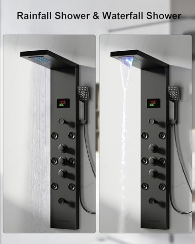 5 In 1 Shower Panel Tower System Stainless Steel Bathroom Panel Matte Black | LED Rain Waterfall Shower Head and Adjustable Massage Body Jets 3 Settings Handheld Head and Tub Spout by Homevacious - color: Matte Black
