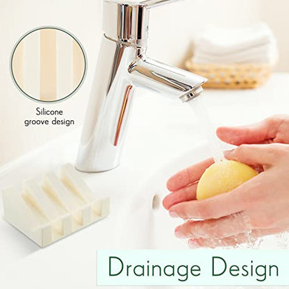 2 Pieces Silicone Soap Dish Self Draining Soap Dish Shower Waterfall Bar Soap Holder Tray with Drain Soap Saver for Kitchen Bathroom Accessories (Dark Grey,Cream White) - color: Dark Grey, Cream White