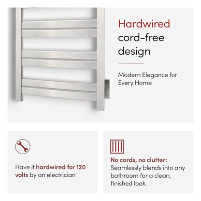 WarmlyYours Grande Heated Towel Rack, 10 Bars, Polished Stainless Steel | Wall-mounted electric towel warmer rack and dryer, 120V hardwired, flat heated bars for towels and bathrobes - color: Polished Stainless Steel, size: 10 Bars