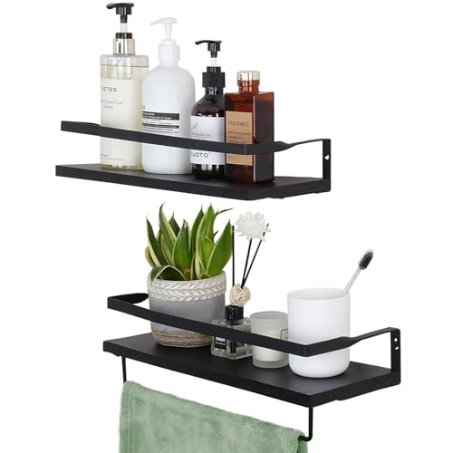 Elevon Floating Shelves for Bathroom Organizer Over Toilet, Bathroom Shelves Wall Mounted with Towel Rack, Corner Wall Shelf for Bedroom Decor Kitchen Storage (Black, Set of 2)