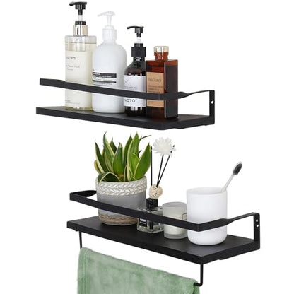Elevon Floating Shelves for Bathroom Organizer Over Toilet, Bathroom Shelves Wall Mounted with Towel Rack, Corner Wall Shelf for Bedroom Decor Kitchen Storage (Black, Set of 2)