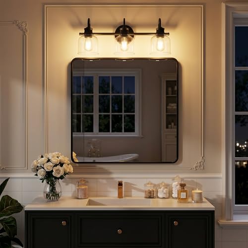 URSOLA 3 Lights 24" Bathroom Vanity Light Fixtures, Matte Black Traditional Classic Vanity Light with Clear Glass, Bathroom Lighting Fixtures Over Mirror - color: Black, size: 3 Lights
