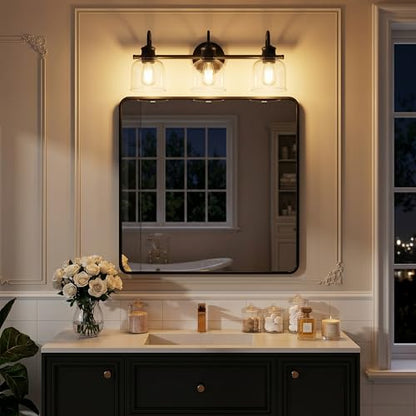URSOLA 3 Lights 24" Bathroom Vanity Light Fixtures, Matte Black Traditional Classic Vanity Light with Clear Glass, Bathroom Lighting Fixtures Over Mirror - color: Black, size: 3 Lights