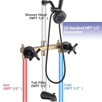 2 Handle Tub Shower Faucet Set Matte Black with Valve Wall Mounted | Many Spray Options, Dual Head Work independently /Work Together, Brass Valve, NPT 1/2" US Connection - color: Matte Black, style: Style B