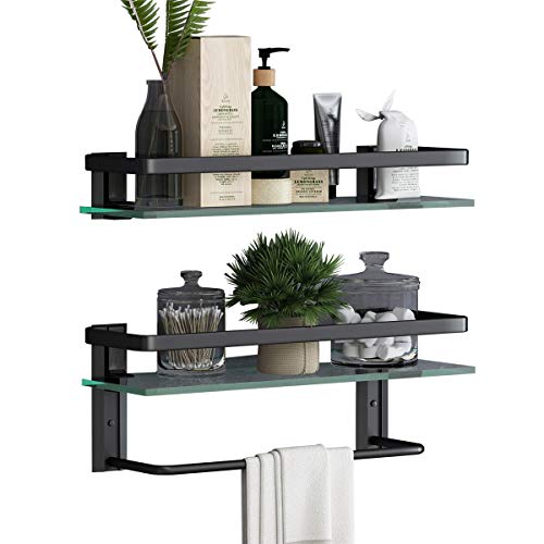 Glass Bathroom Shelf with Towel Bar 15.7in Bathroom Wall Shelves Rustproof Metal Bathroom Wall Organizer 2-Tier (Black) - style: 2 tier with towel bar black