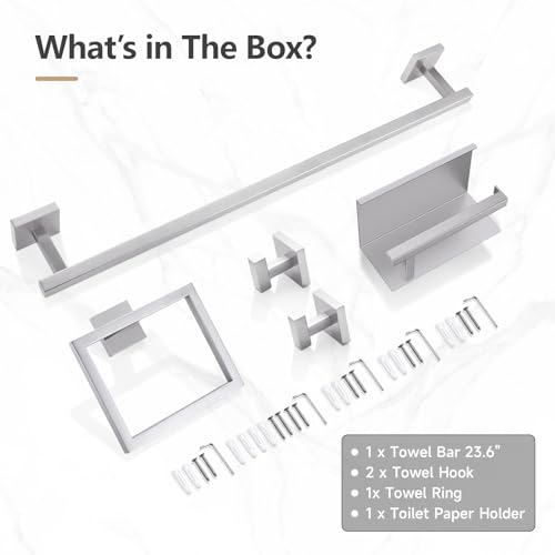 TQKAG 5-Pieces Brushed Nickel Bathroom Hardware Accessories Set 23.6" SUS304 Stainless Steel Towel Bar Set Wall Mounted Square Toilet Paper Holder with Shelf - color: Brushed Nickel, size: 5-Pieces Set-B