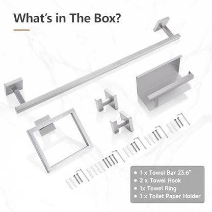 TQKAG 5-Pieces Brushed Nickel Bathroom Hardware Accessories Set 23.6" SUS304 Stainless Steel Towel Bar Set Wall Mounted Square Toilet Paper Holder with Shelf - color: Brushed Nickel, size: 5-Pieces Set-B